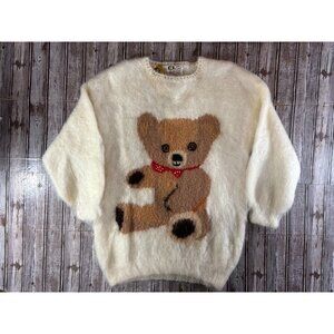Ann Arundell Mohair Knitwear Bear Sweater Sz L /XL color ivory made scotland VTG